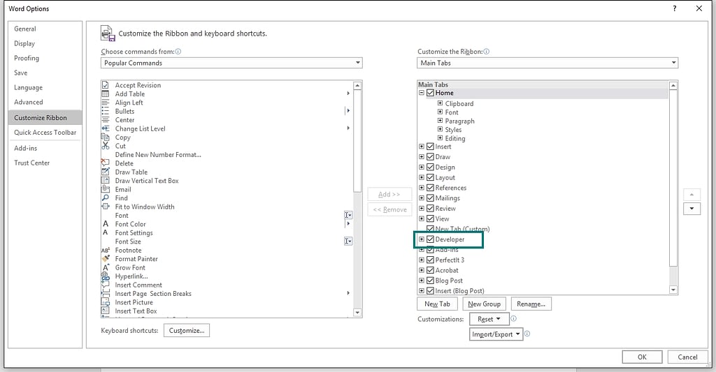 The Customize Ribbon editor in Word